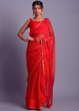 Red Chiffon Bandhej Printed Saree