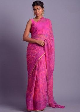 Pink Chiffon Bandhej Printed Saree