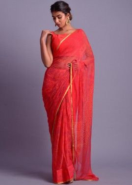 Red Bandhej Printed Saree With Blouse