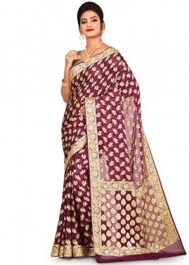Magenta Woven Pure Silk Bridal Saree With Blouse