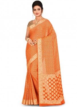 Orange Woven Pure Silk Bridal Saree With Blouse