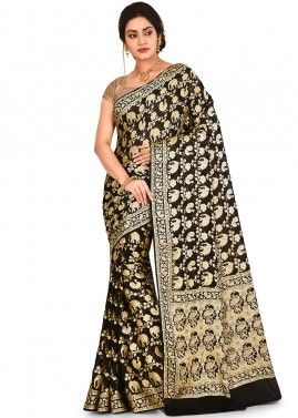 Black Woven Pure Silk Saree With Blouse