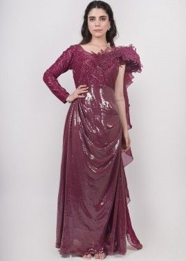 Maroon Readymade Embellished Gown In Georgette