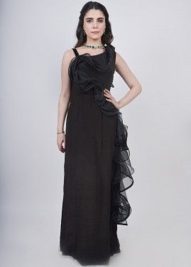 Readymade Black Ruffled Gown In Stain