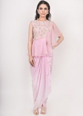 Pink Embellished Drape Style Gown In Lycra