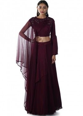 Maroon Hand Embroidered Cape Style Top with Skirt 