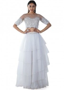 White Hand Embroidered Top With Layered Skirt