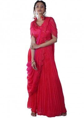 Red Embroidered Pleated Lehenga Style Saree