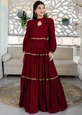 Readymade Maroon Tiered Embroidered Gown