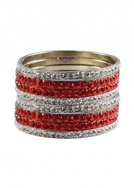 Stone Studded Red and Silver Bangle Set