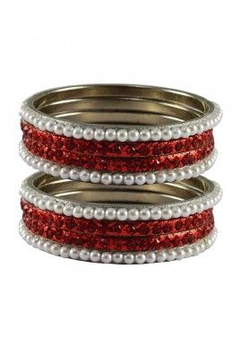 Pearl Beaded Red and White Bangle Set