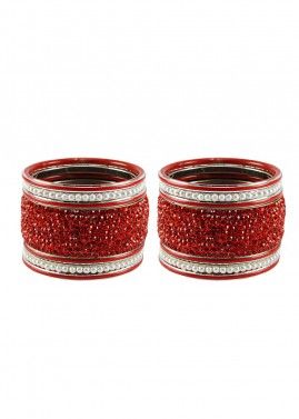 Stone Studded Red and White Bangle Set
