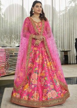 Pink Floral Print Bridesmad Lehenga Choli With Dupatta
