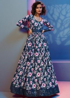 Blue Floral Printed Readymade Crape Gown