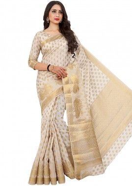 Off White Kanjivaram Silk Woven Saree With Blouse