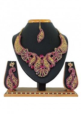 Designer Stone Studded Pink And Golden Bridal Necklace Set