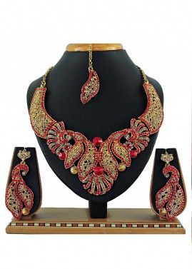 Stone Studded Bridal Golden And Red Designer Necklace Set