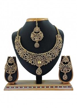 Stone Studded Golden Designer Necklace Set