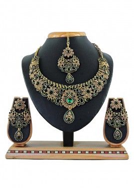 Stone Studded Bridal Golden And Green Designer Necklace Set