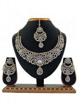 Designer Stone Studded White And Golden Necklace Set