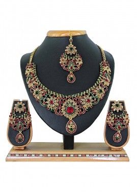 Stone Studded Red And Green Designer Necklace Set