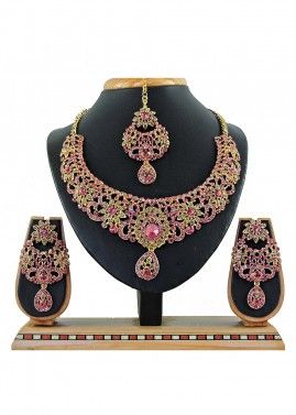 Stone Studded Golden And Pink Designer Bridal Necklace Set