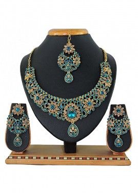 Stone Studded Golden And Blue Necklace Set