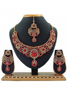 Stone Studded Bridal Golden And Red Designer Necklace Set