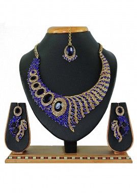 Designer Stone Studded Golden And Blue Necklace Set