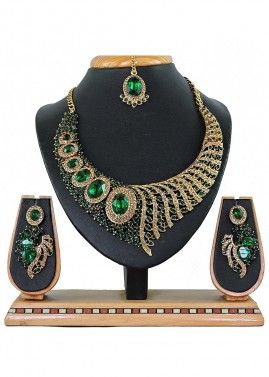 Stone Studded Golden And Green Designer Necklace Set