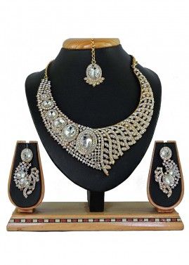 Designer Stone Studded Golden And White Necklace Set