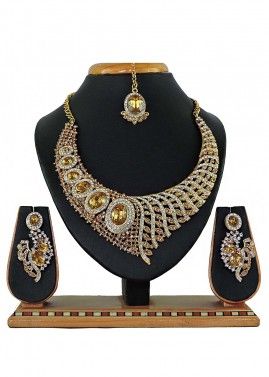 Stone Studded Golden Designer Necklace Set