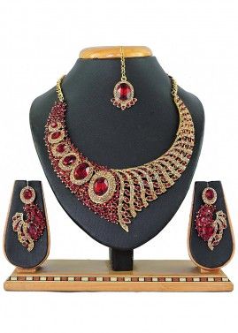 Stone Studded Golden And Red Designer Bridal Necklace Set