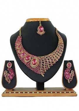 Stone Studded Pink And Golden Designer Necklace Set