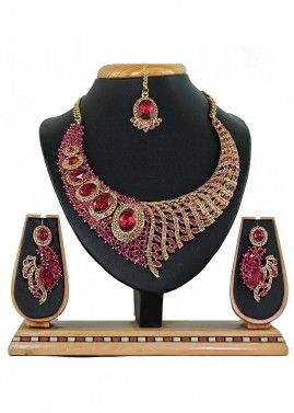 Designer Stone Studded Golden And Pink Necklace Set