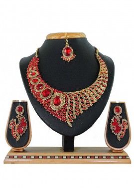 Stone Studded Red And Golden Designer Bridal Necklace Set