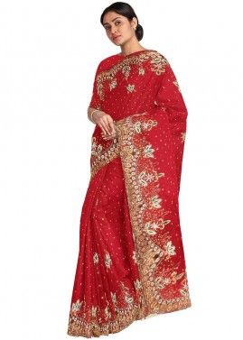Red Stone Embellished Heavy Border Bridal Saree
