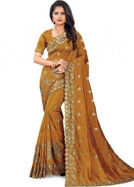 Mustard Yellow Embroidered Heavy Border Saree With Blouse