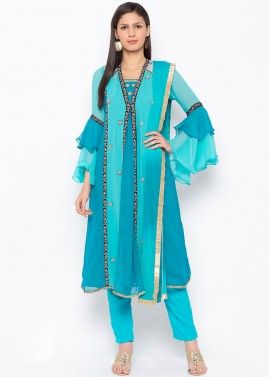 Readymade Blue Shaded Bell Sleeves Pant Suit