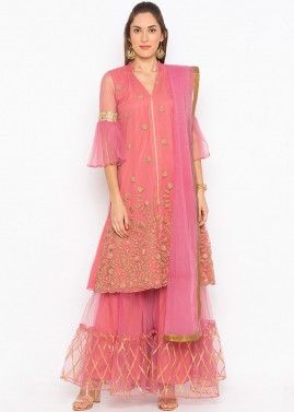 Readymade Light Pink Net Embroidered Gharara Suit