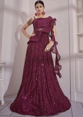 Readymade Wine Gown In Sequins Work