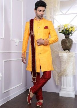 Yellow Art Silk Readymade Indo Western Sherwani 