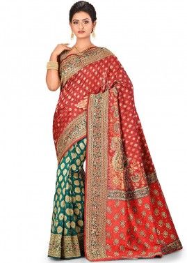 Red and Green Kanjivaram Silk Woven Half N Half Saree