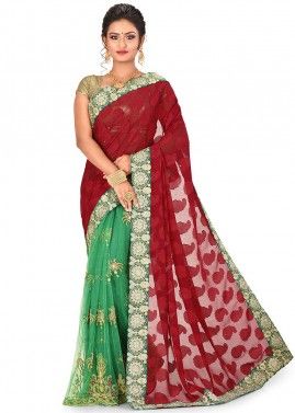 Red and Green Half N Half Embroidered Saree