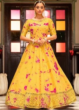Readymade Yellow Embroidered Gown In Tie-Dye Print