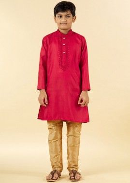 Red Cotton Readymade Kids Kurta Pyjama