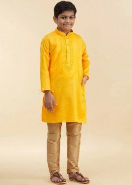 Yellow Readymade Kids Cotton Kurta Churidaar