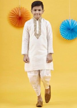 White Readymade Silk Dhoti Kurta Set