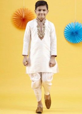 White Embroidered Kids Readymade Dhoti Kurta