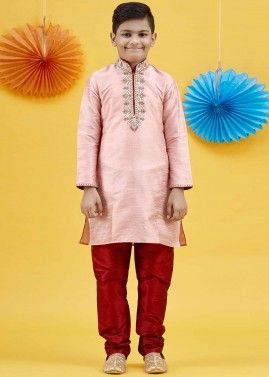 Pink Kids Readymade Art Silk Kurta Pajama